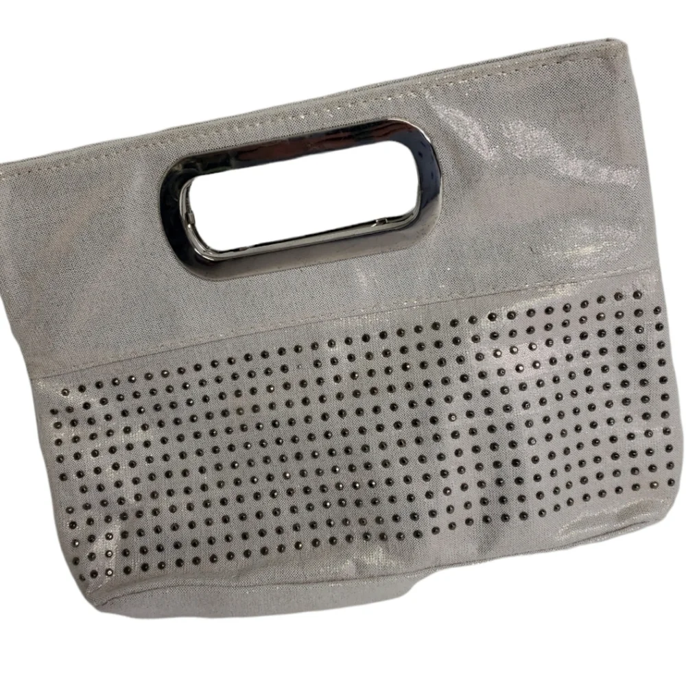 Metalic Silver Studded Evening Clutch Handbag 8x10 Magnetic Cose VGUC